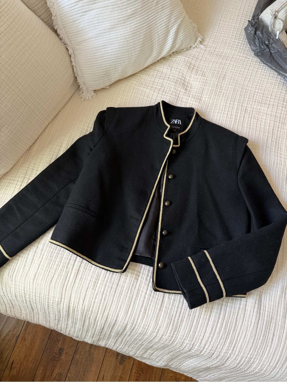 Zara Black Cropped Blazer with Gold Trim